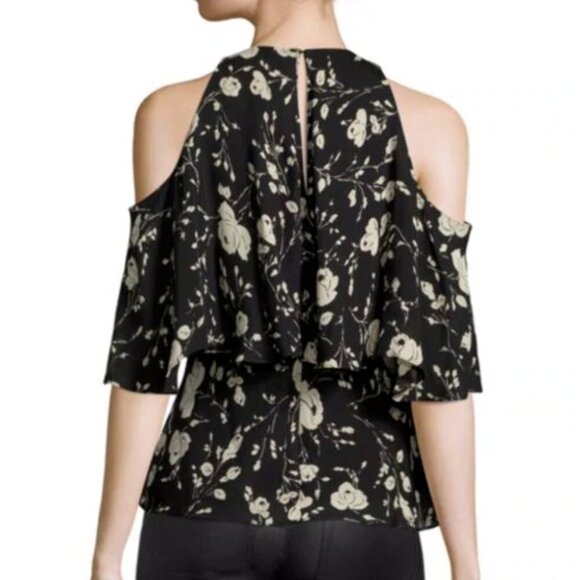 Polo Ralph Lauren Silk Georgette Top Cold-Shoulder Womens 10 Black Floral Ruffle - Picture 3 of 9